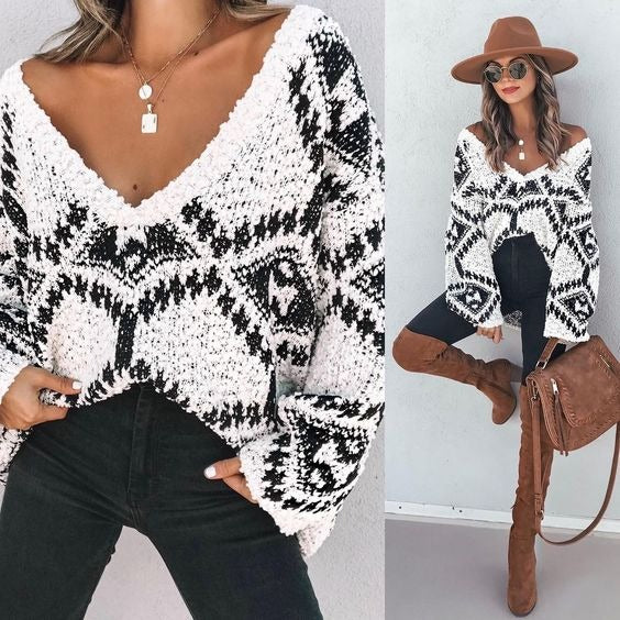 Ivyshape | Knitted V-Neck Long Sleeve Sweater