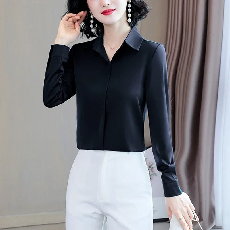 Elegant Satin Long-Sleeve Office Shirt for Women