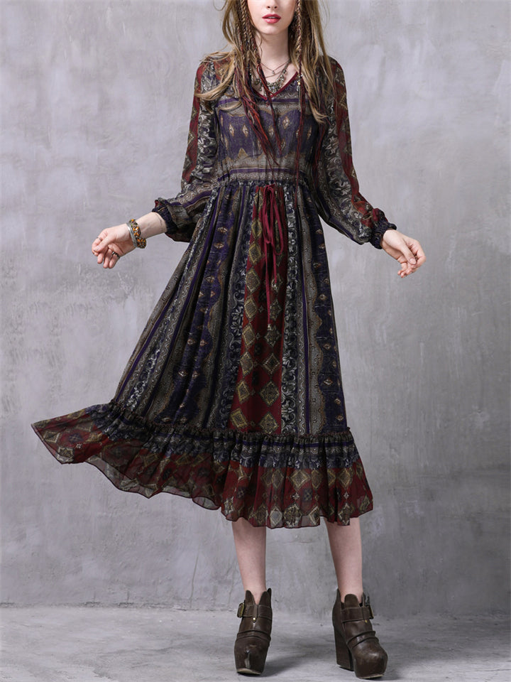 Ethnic Style V-Neck Printed Ruffled Hem Chiffon Dress