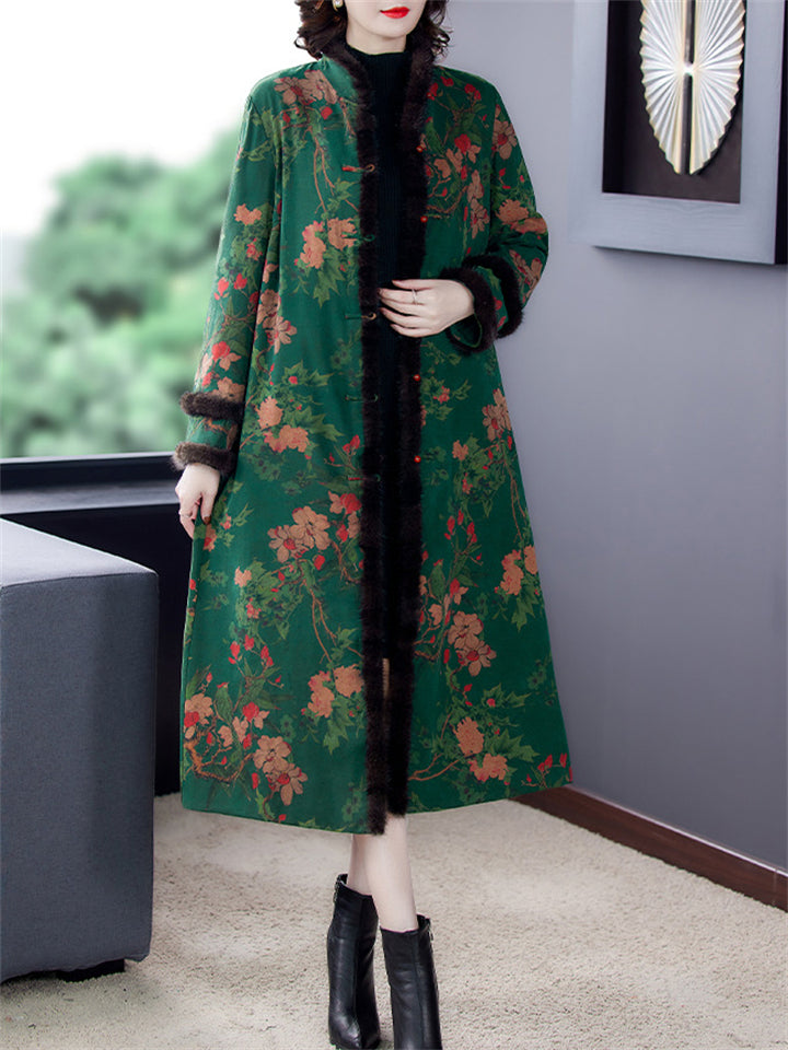 Luxury Faux Fur Stand Collar Button Flower Print Long Coat