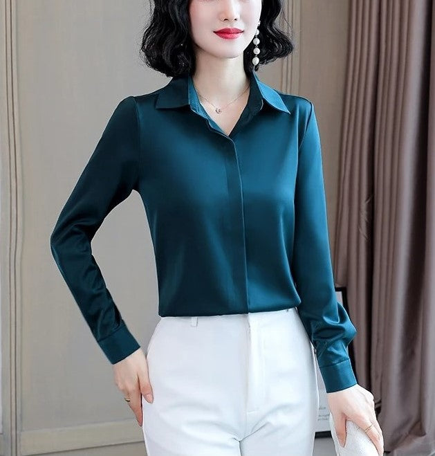 Elegant Satin Long-Sleeve Office Shirt for Women