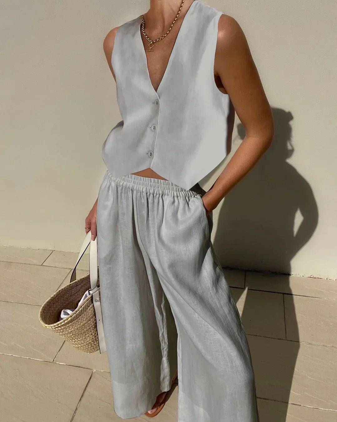 Wide Leg Pants V-Neck Vest Suit