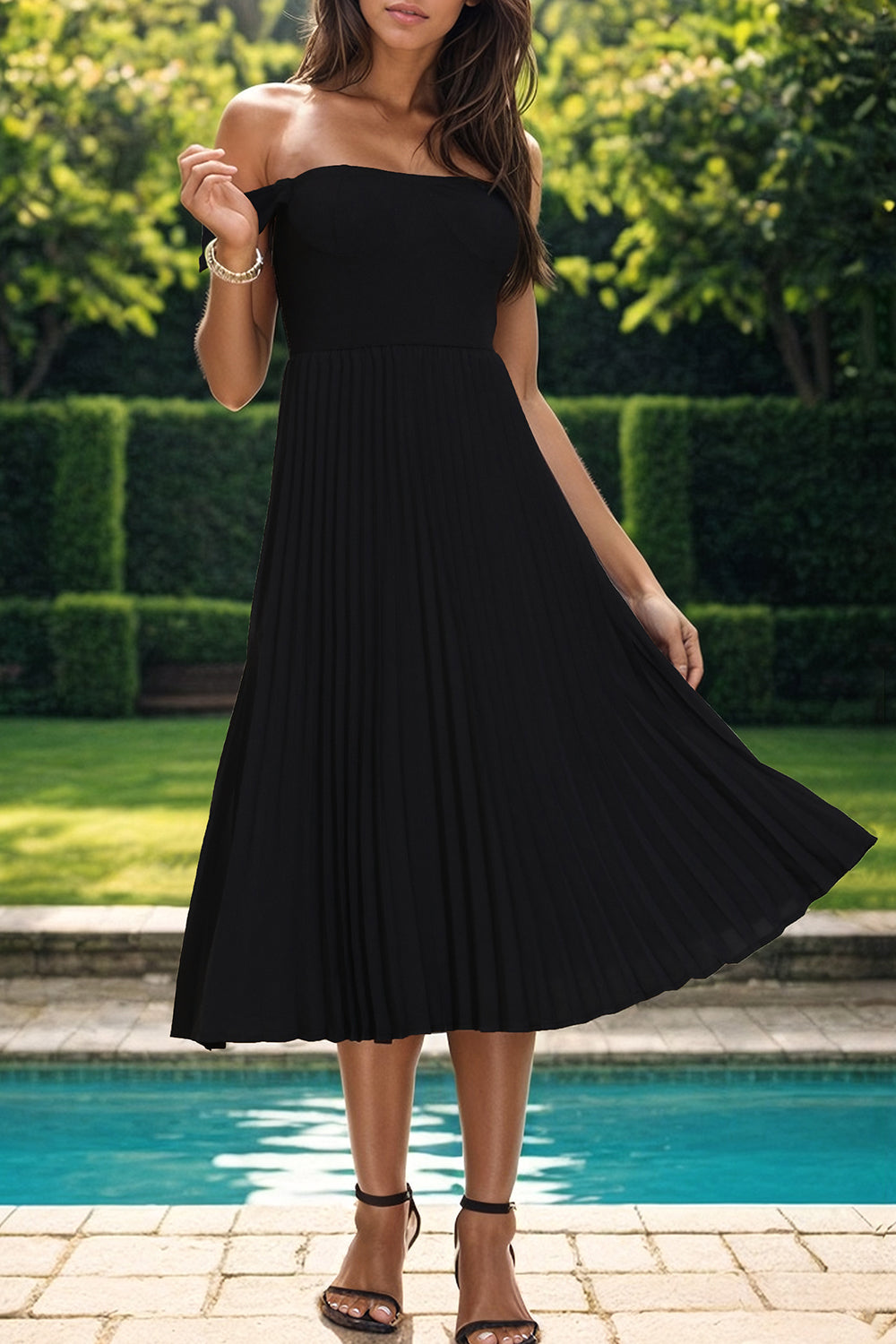 Ivyshape | Pleated Off-Shoulder Midi Dress