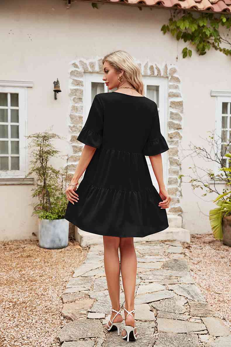 Ruffle Trim Tie Neck Flounce Sleeve Tiered Dress