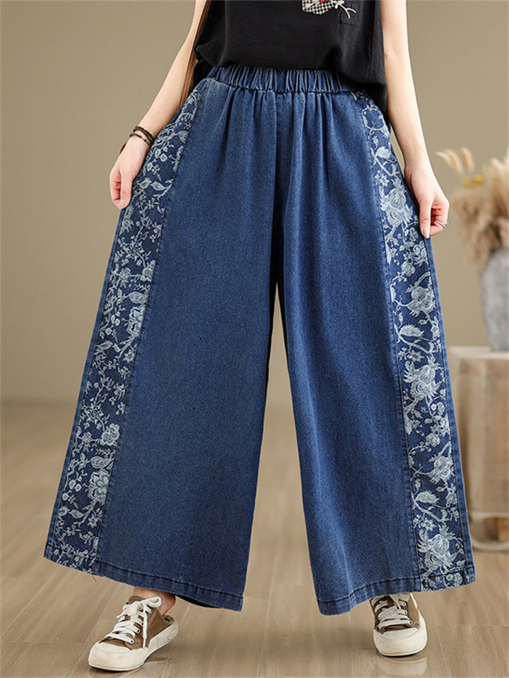 Women's Plants Flower Print Patchwork Wide Leg Jeans