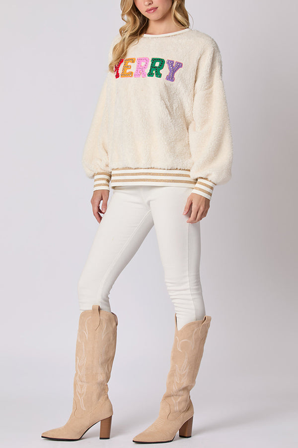 Ivyshape | Lettered Rhinestone Long-Sleeved Crew Neck Sweatshirt