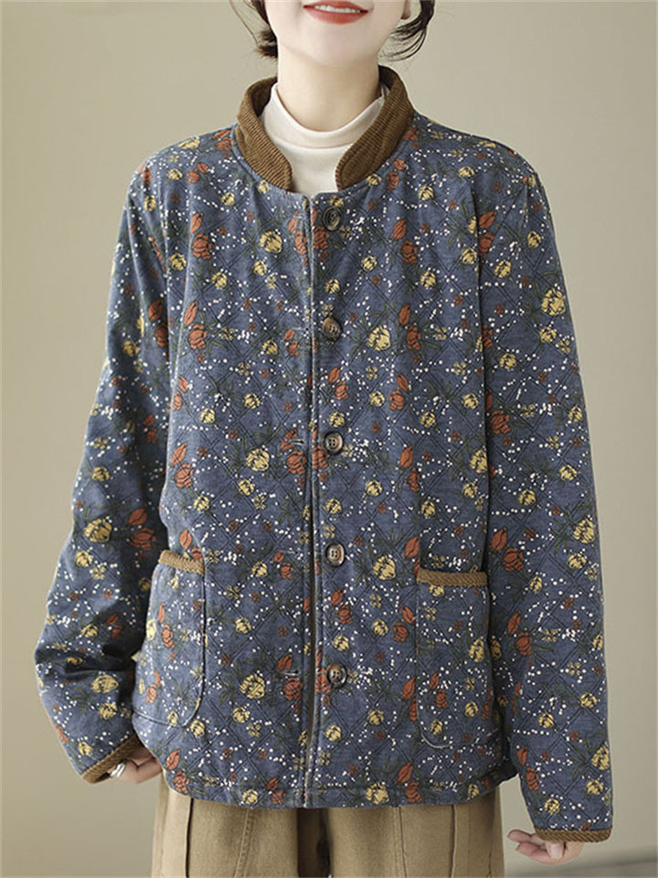 Vintage Stand Collar Button Mini Floral Print Cotton Coat