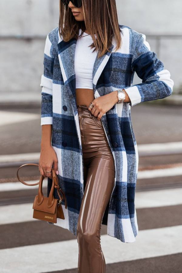 Ivyshape | Mid Length Double Breasted Plaid Print Woolen Coat