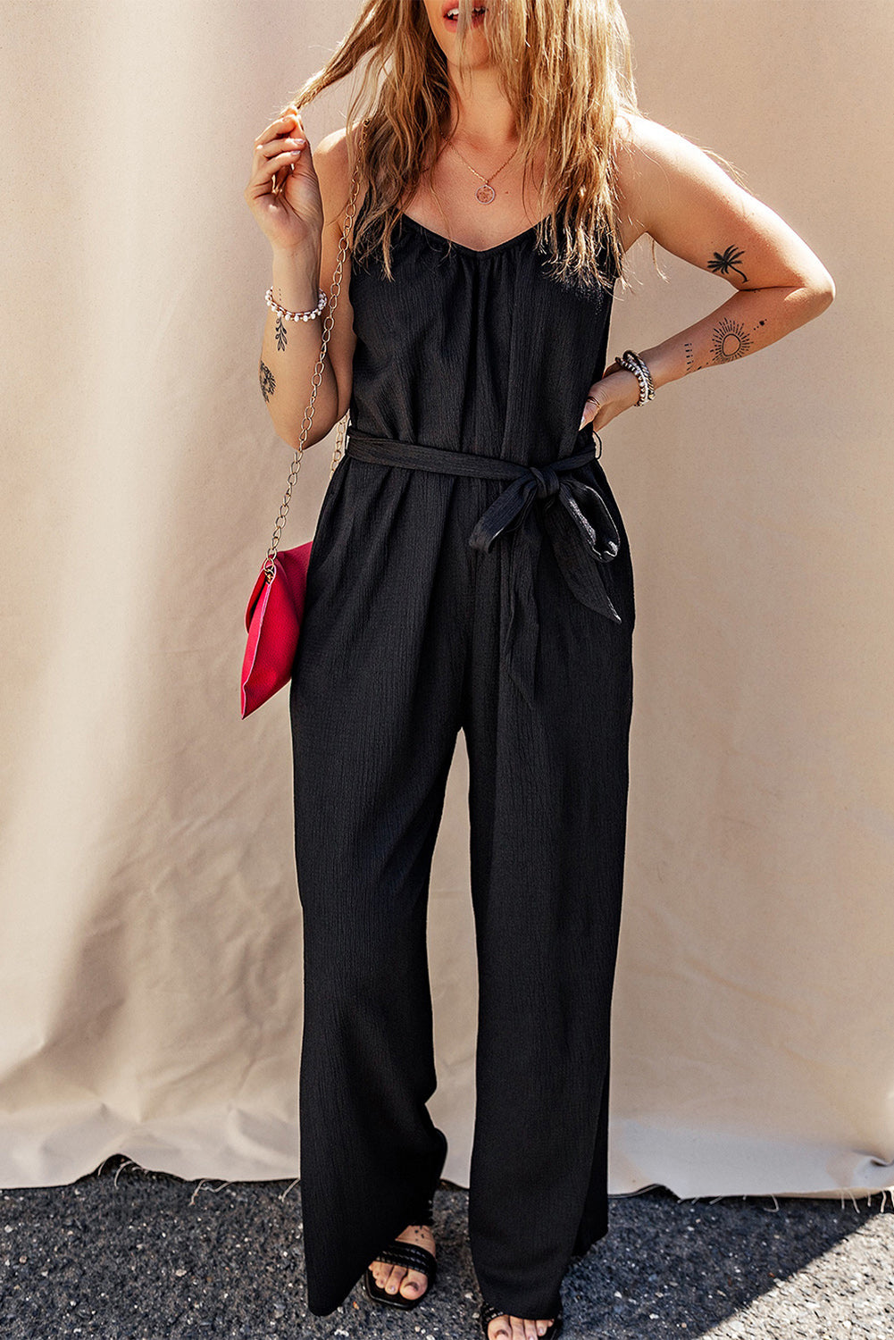 Ivyshape | Tied V-Neck Spaghetti Strap Jumpsuit