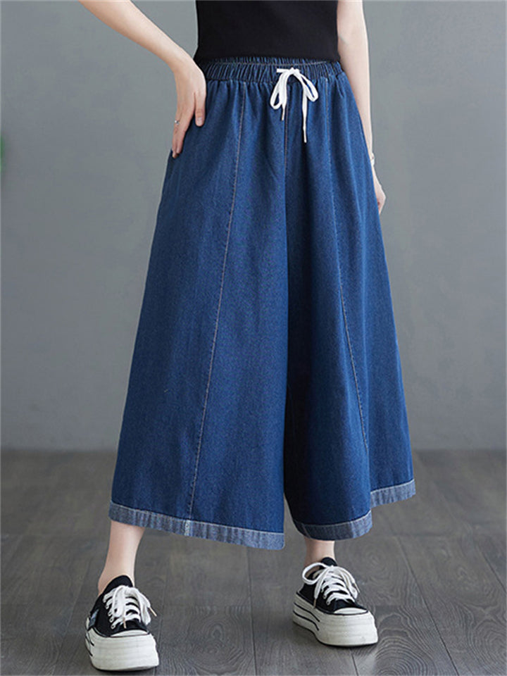 Female Simple Blue Big Size Wide Leg Denim Pants