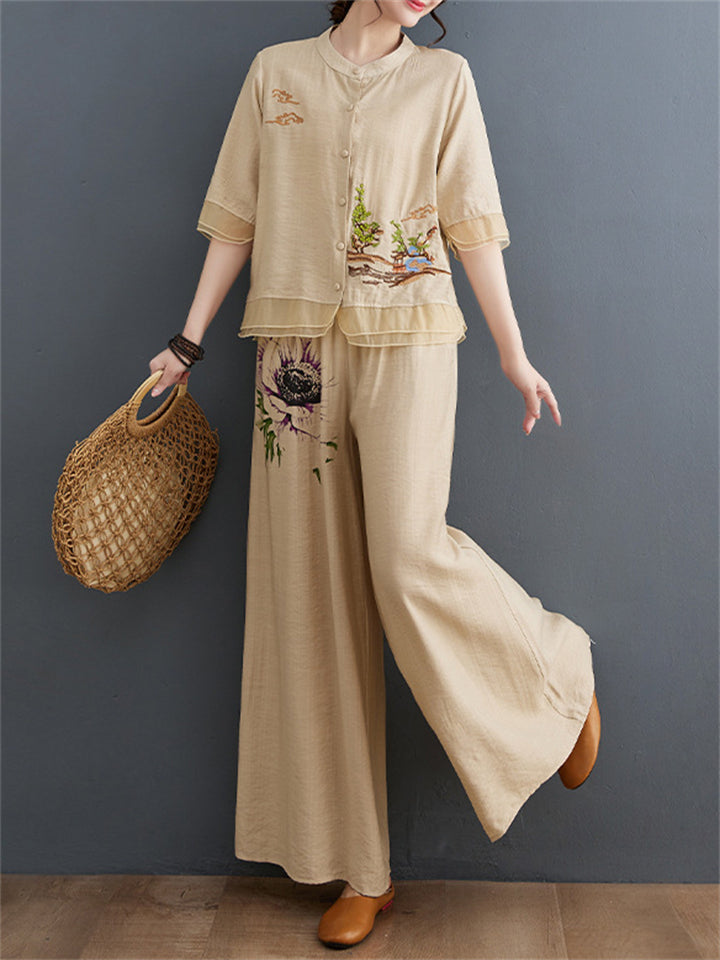 Floral Embroidered Shirt + Wide Leg Pants Female Two Piece Set