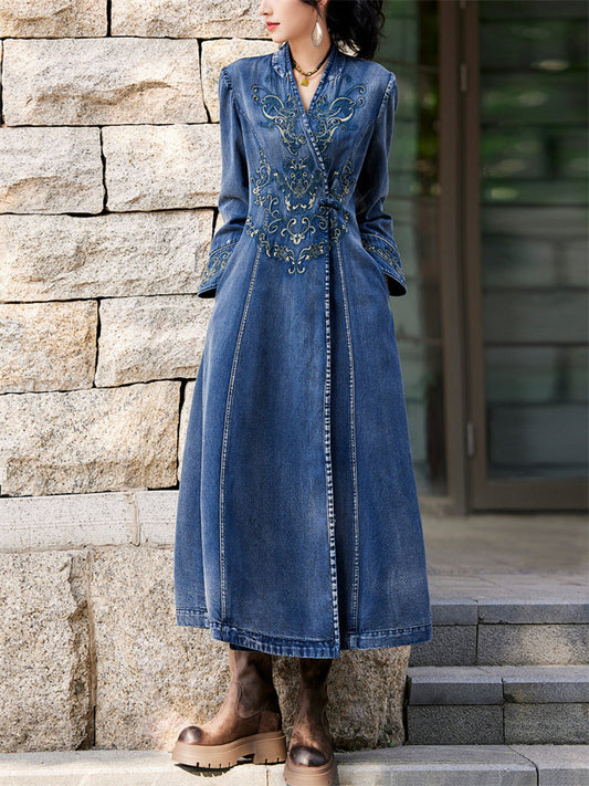 Ladies Vintage Embroidery V-Neck Side Slit Denim Dress