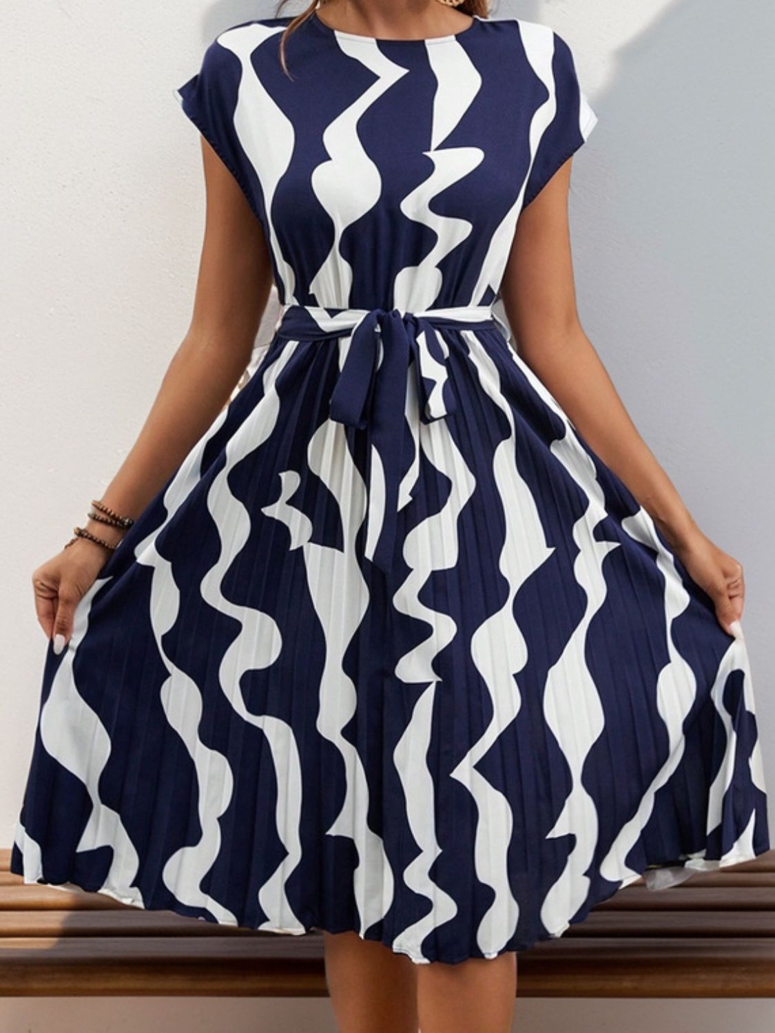 Ivyshape | Tied Pleated Printed Cap Sleeve Dress