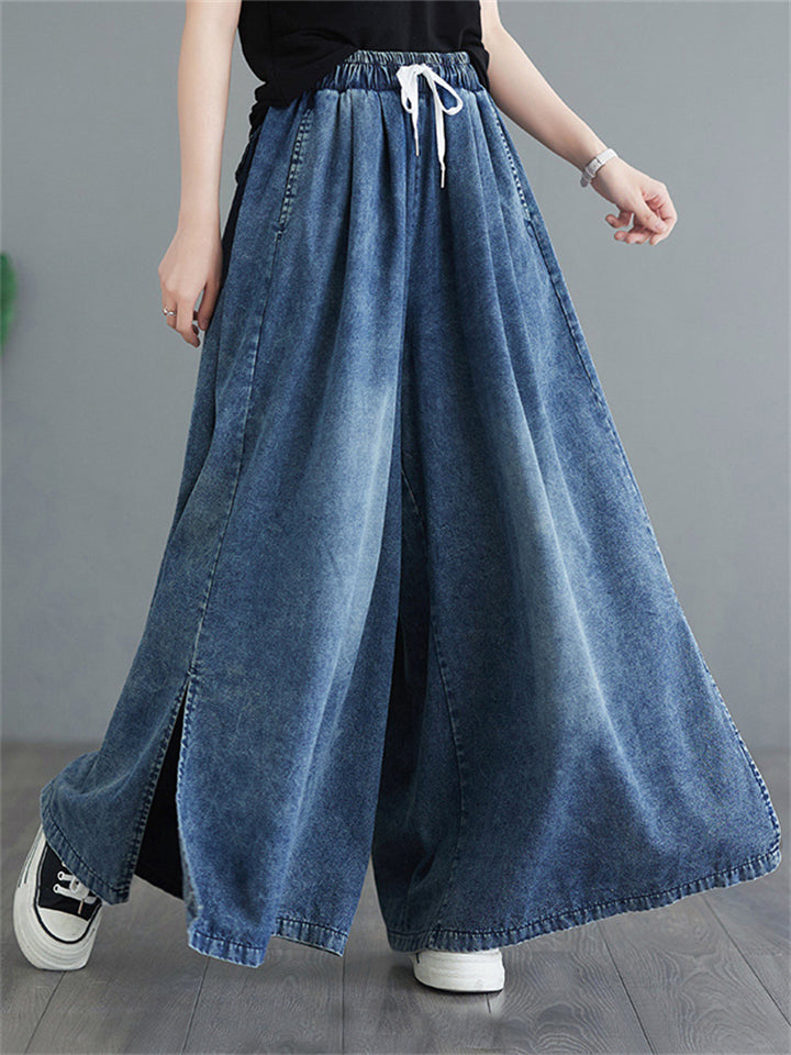 Cozy Summer Side Slit Blue Wide Leg Jeans for Women