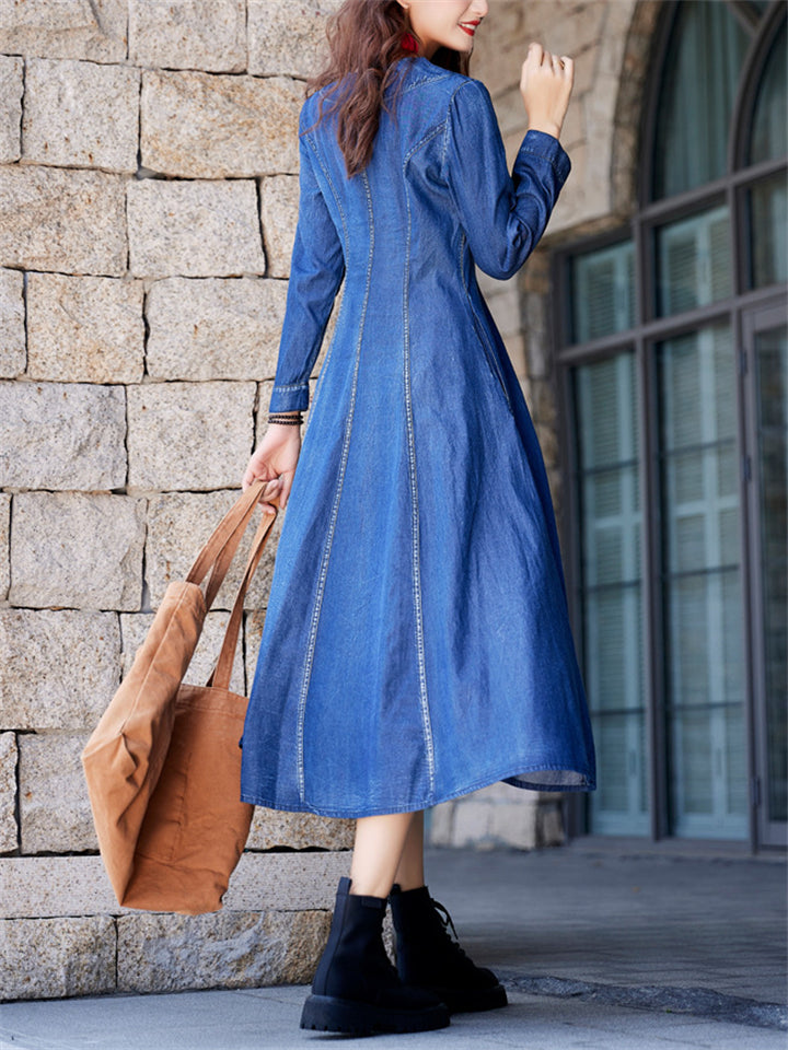 Flying Bird Embroidery V-Neck Blue Denim Dress