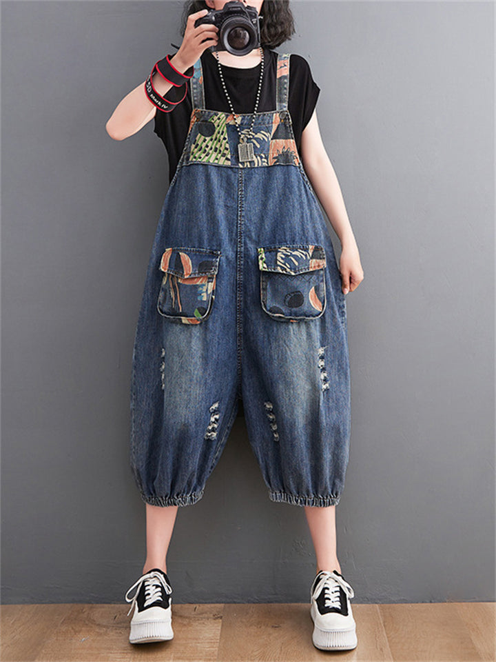 Female Cute Print Youthful Splice Denim Jumpsuits