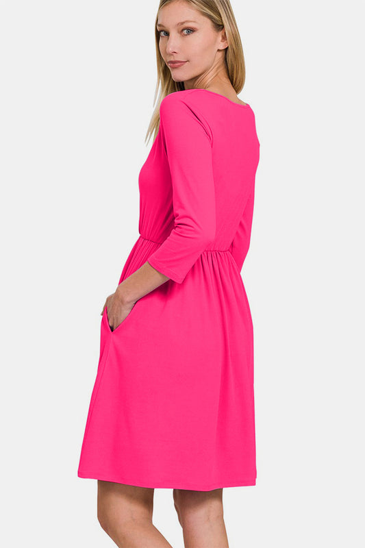 Ivyshape | Zenana Three-Quarter Sleeve Surplice Dress with Pockets