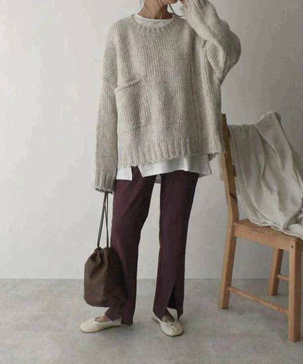 Ivyshape | Ivory Colored, Oversized Sweater With Front Pockets