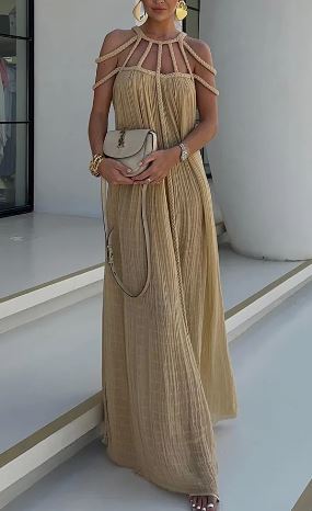 Ivyshape | Modern and Sophisticated Maxi Dress with Draped Braids In Linen Blend