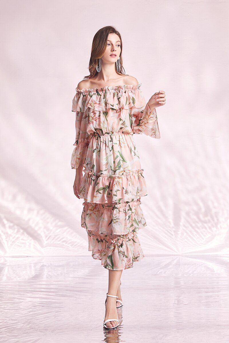 Summer Elegant Sleeveless Floral Ruffles Maxi Dress Pink | Ideal for Summer