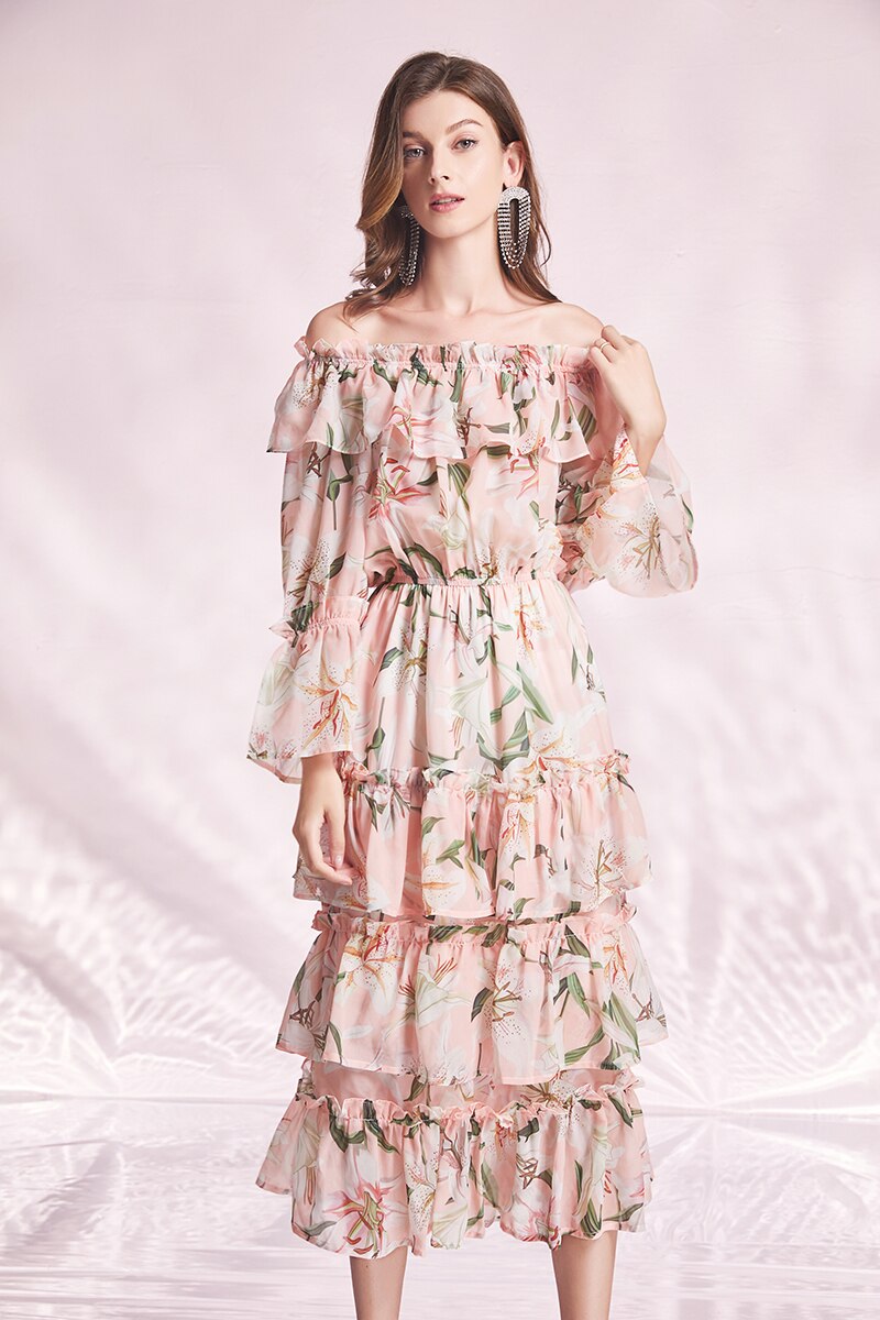 Summer Elegant Sleeveless Floral Ruffles Maxi Dress Pink | Ideal for Summer