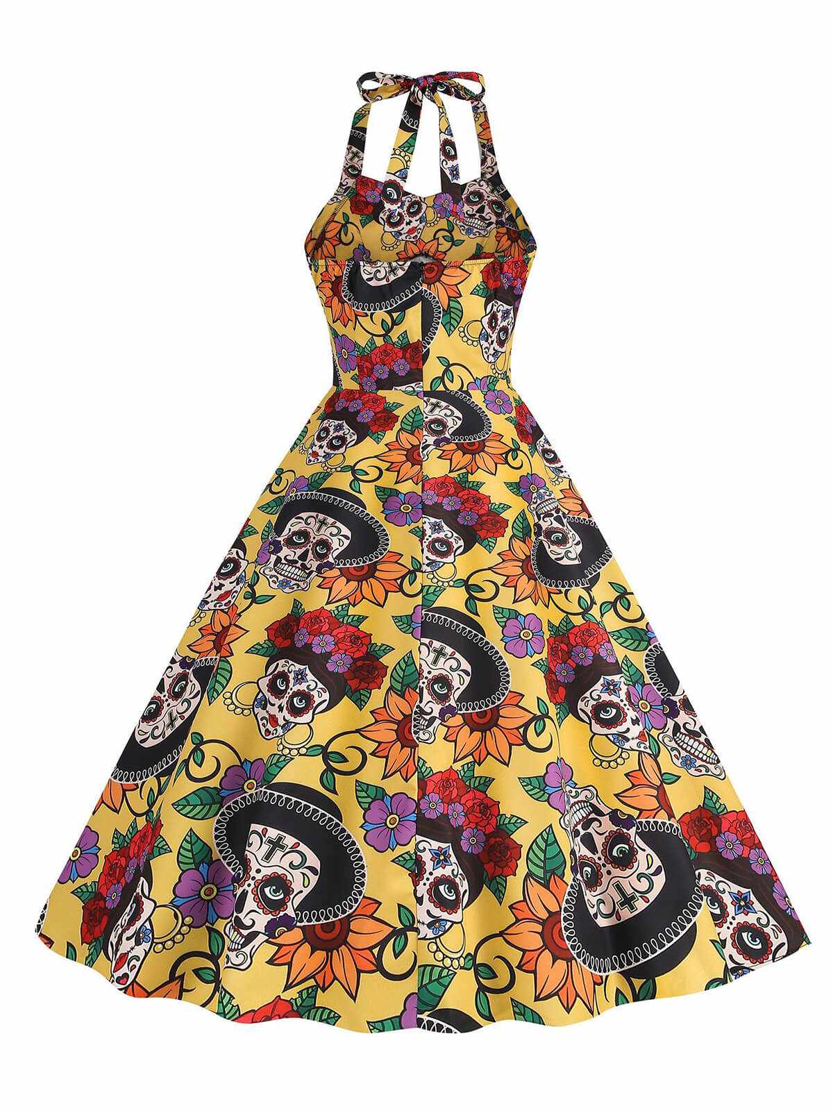 Yellow Hippie Skull Bow Halter Swing Dress