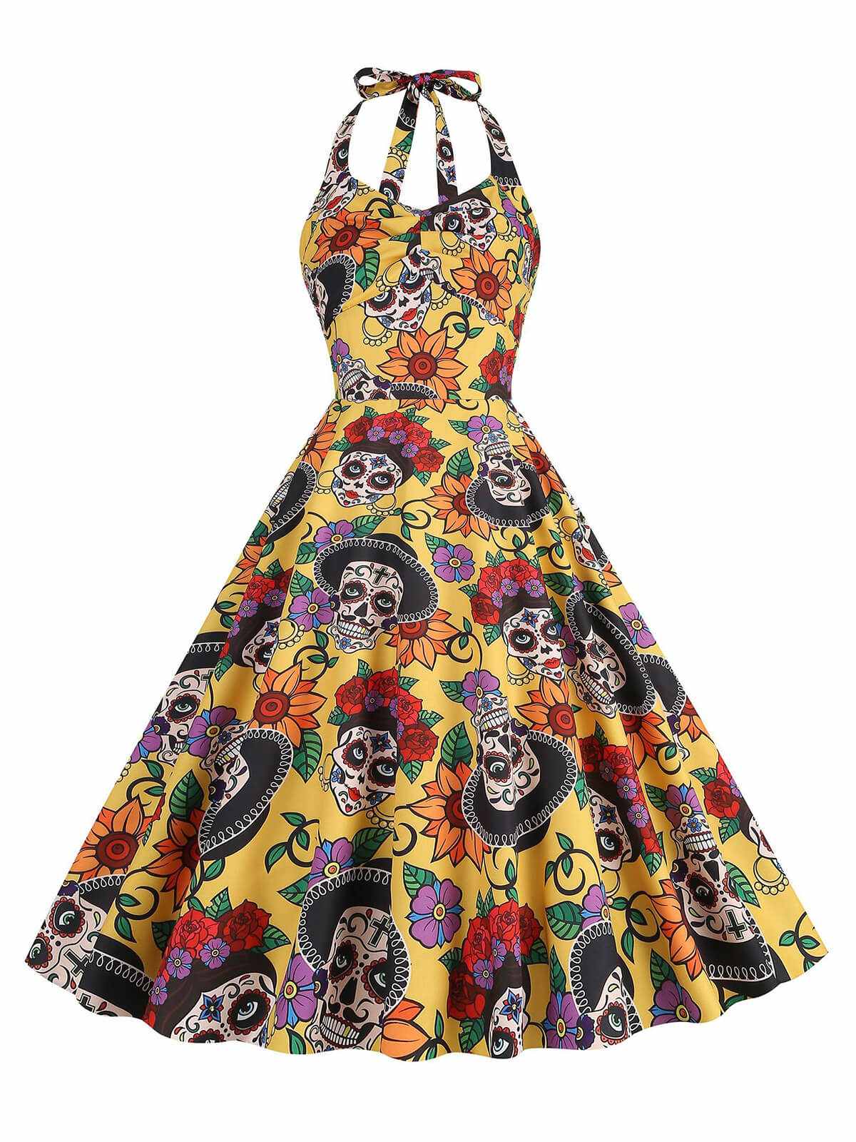 Yellow Hippie Skull Bow Halter Swing Dress