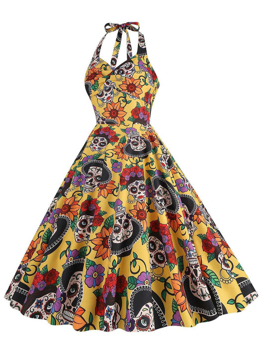 Yellow Hippie Skull Bow Halter Swing Dress