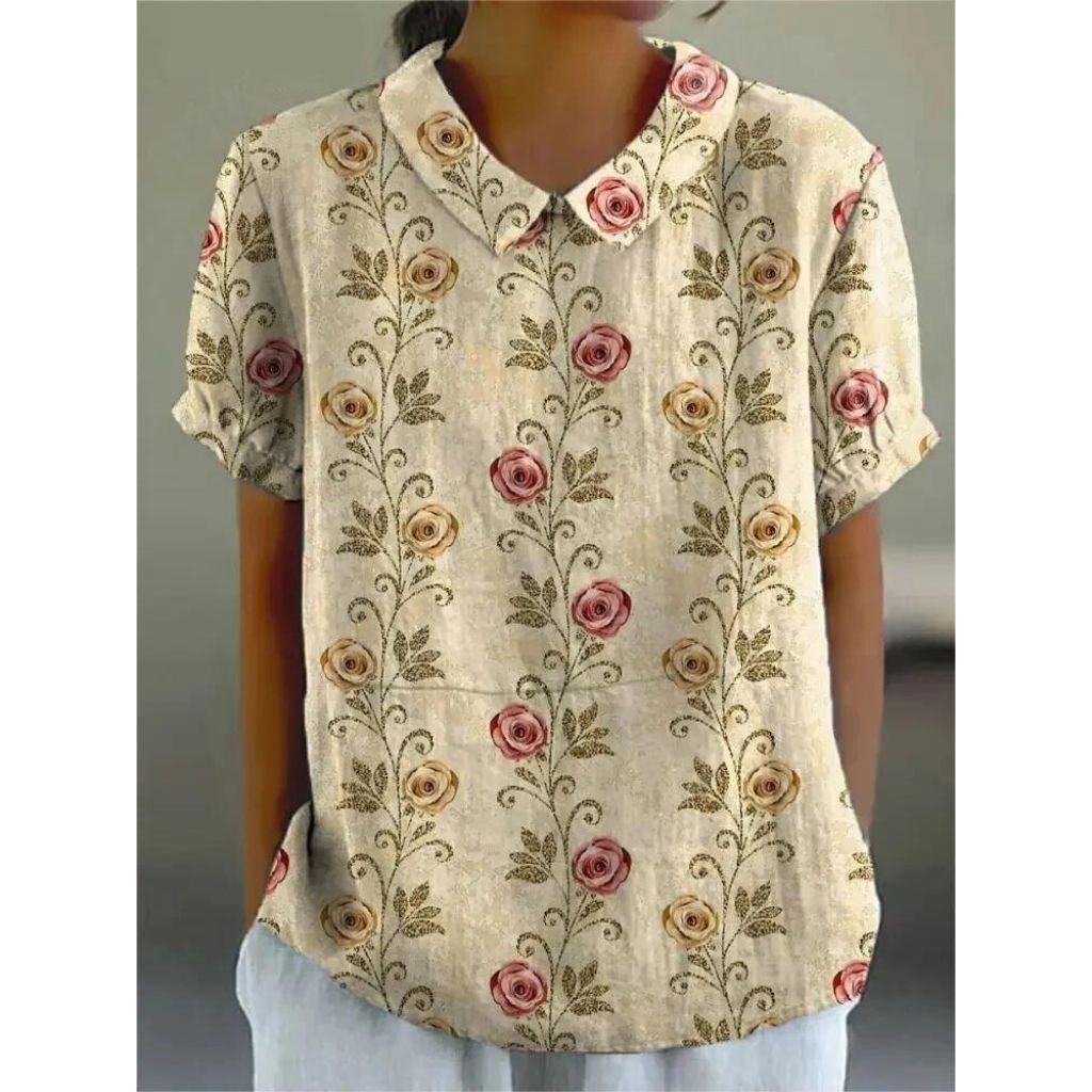 Casual ladies' shirt made of cotton, with floral print