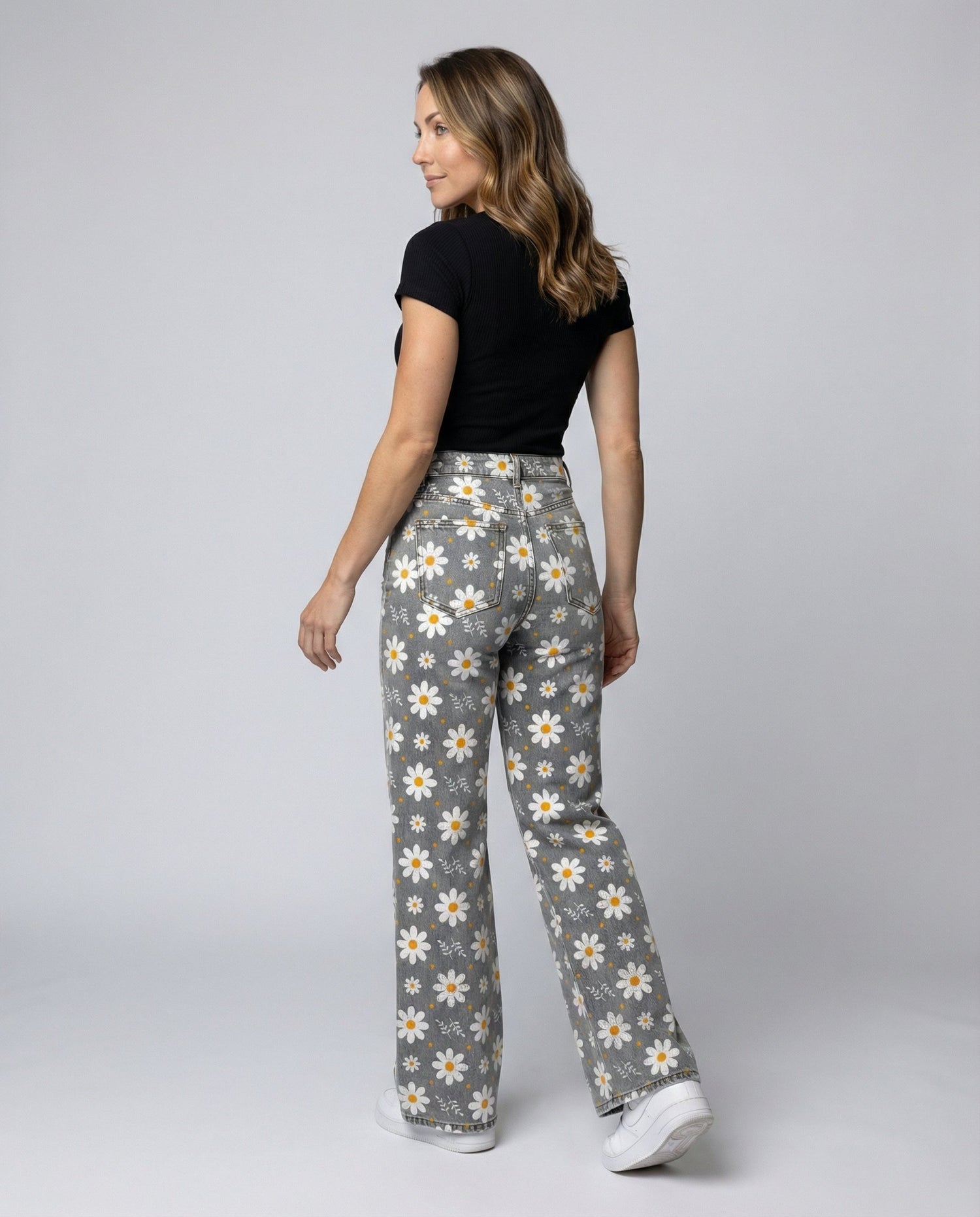 floral wide-leg jeans with high-waisted design and relaxed fit