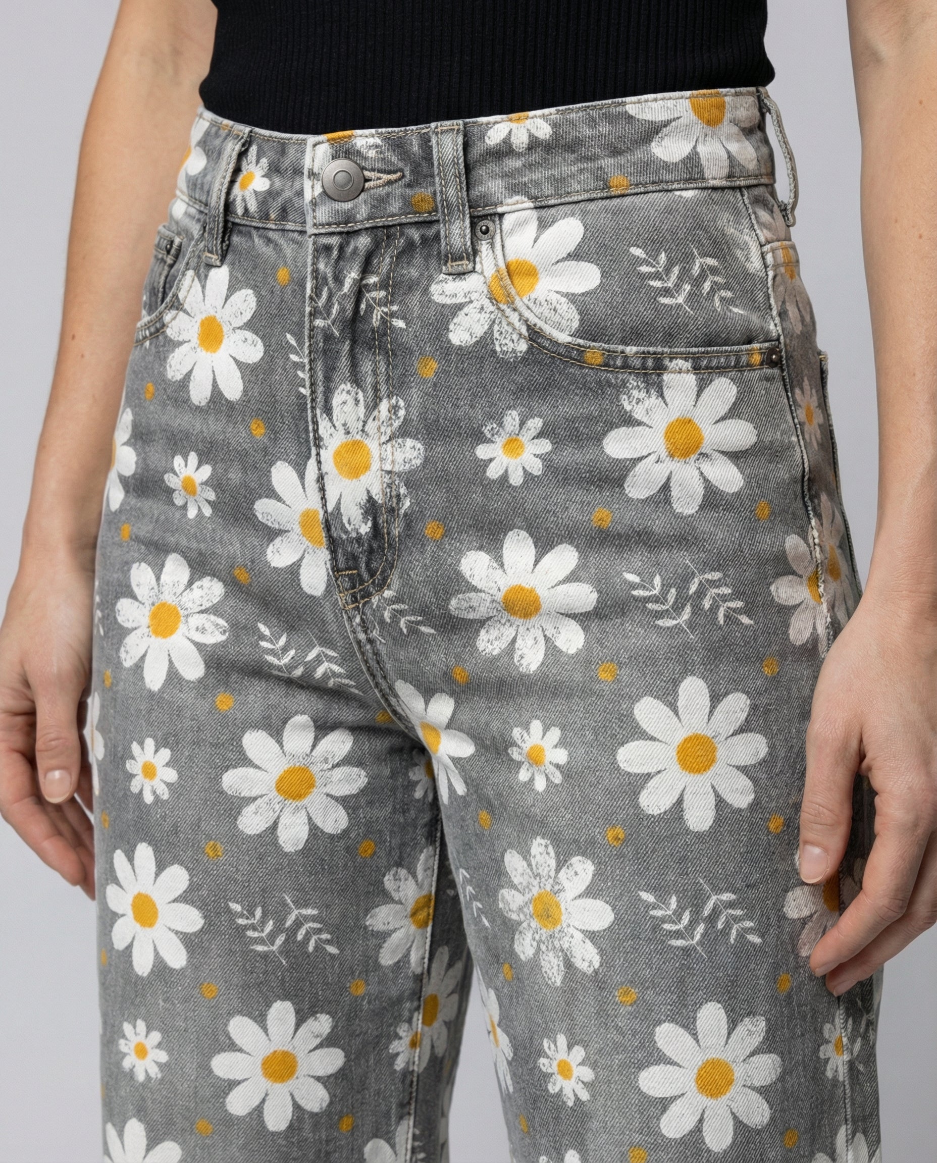 floral wide-leg jeans with high-waisted design and relaxed fit