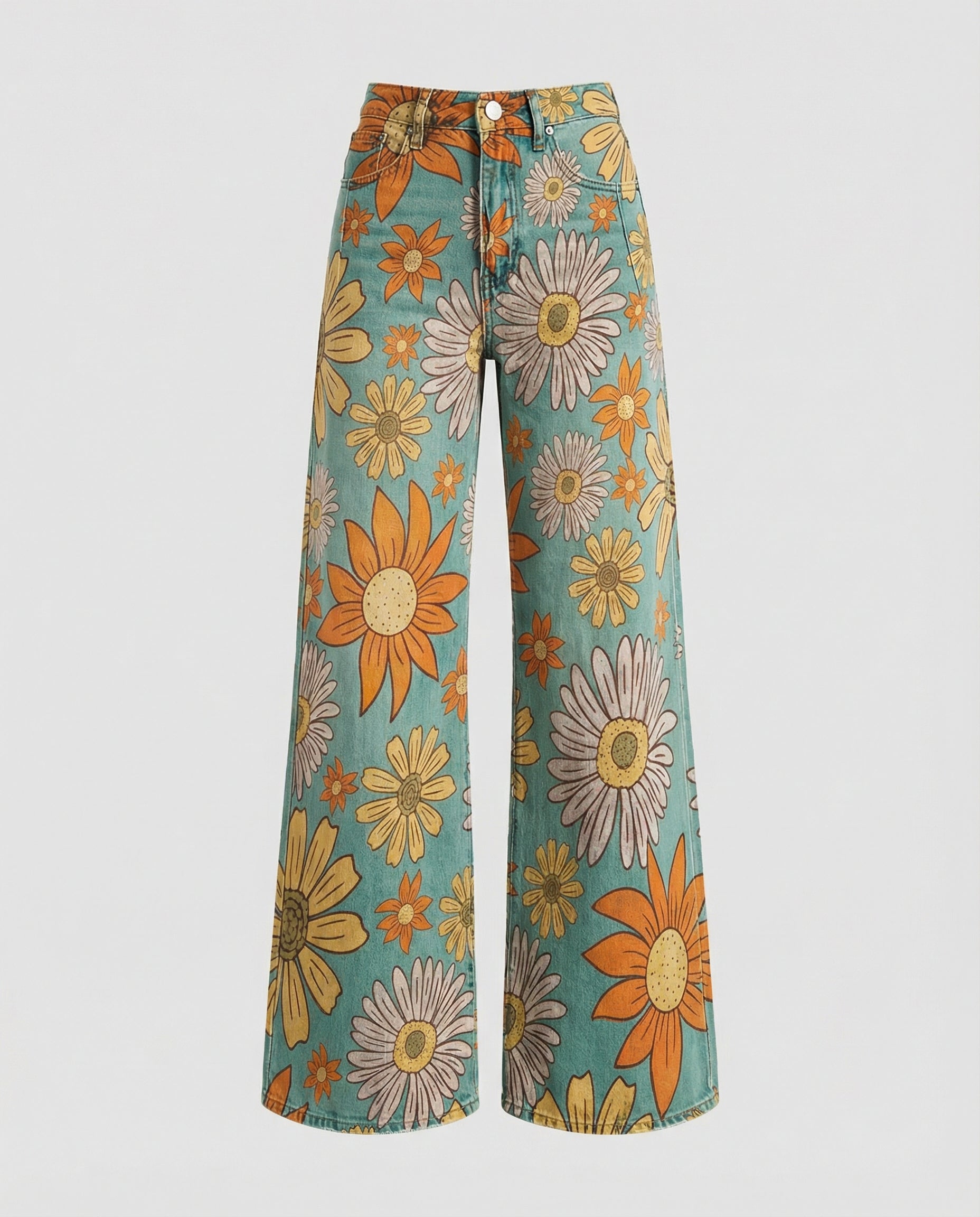 floral wide-leg jeans with high-waisted design and relaxed fit