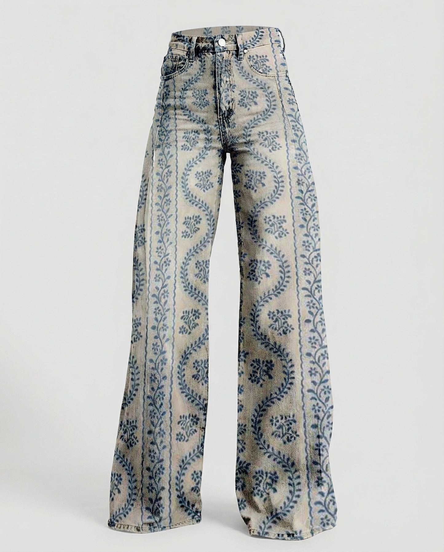 floral wide-leg jeans with high-waisted design and relaxed fit