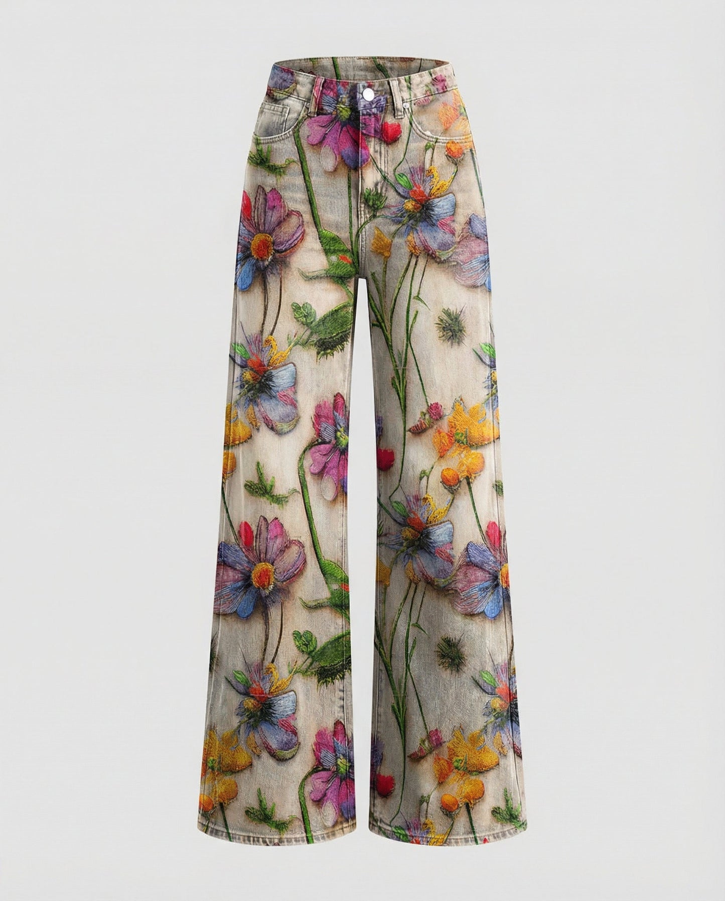 floral wide-leg jeans with high-waisted design and relaxed fit