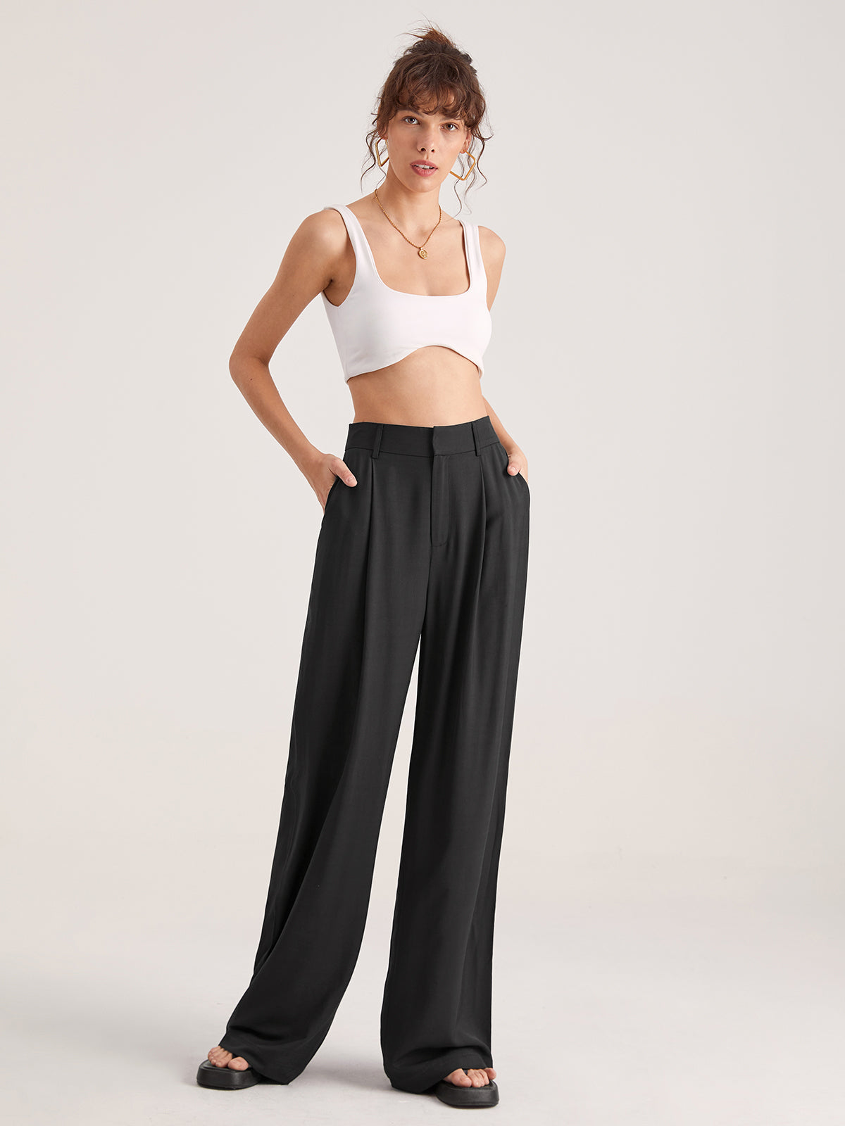 Ivyshape | Oversized High Waisted Pleat Front Trousers for Women