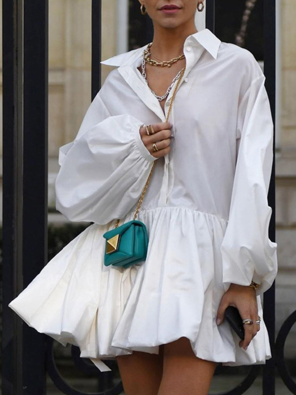 Ivyshape | Long Sleeve Button Up Collar Mini Dress