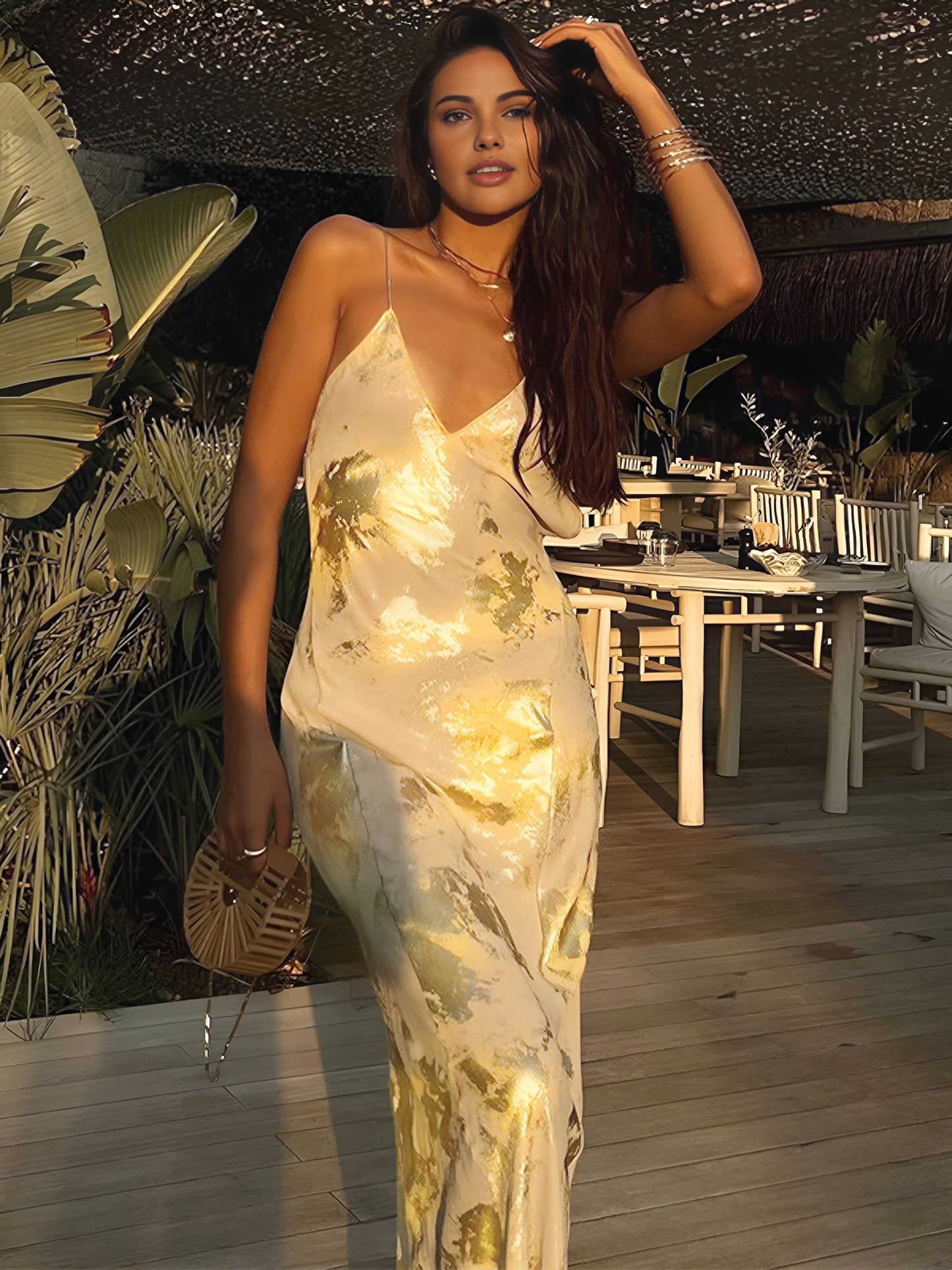 Ivyshape | Metallic Print V-Neck Halter Maxi Dress