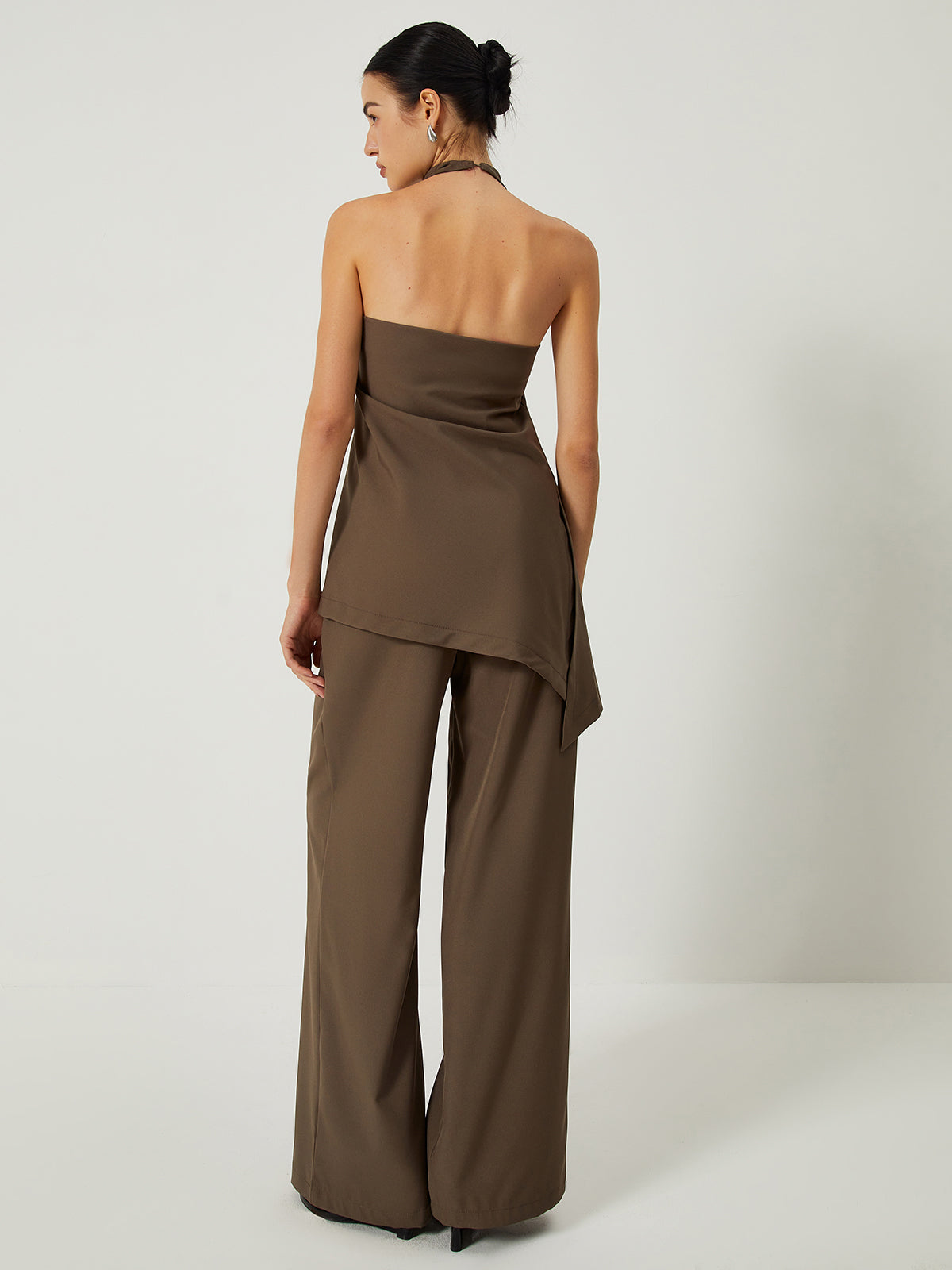 Ivyshape | Women's Halter Top And Wide Leg Pants Set Brown