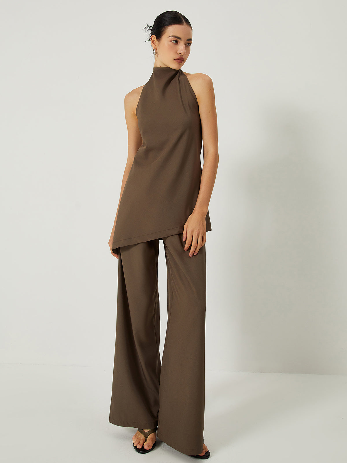 Ivyshape | Women's Halter Top And Wide Leg Pants Set Brown