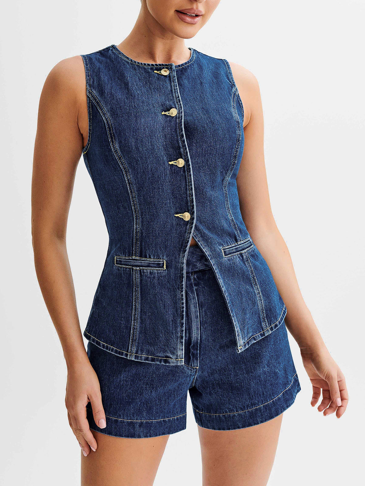 Ivyshape | Women's Trendy Vest And Shorts Set Denim Blue