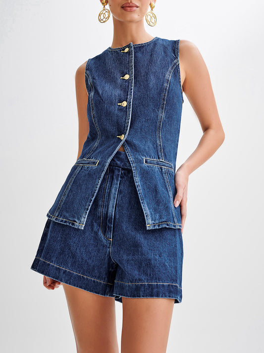 Ivyshape | Women's Trendy Vest And Shorts Set Denim Blue