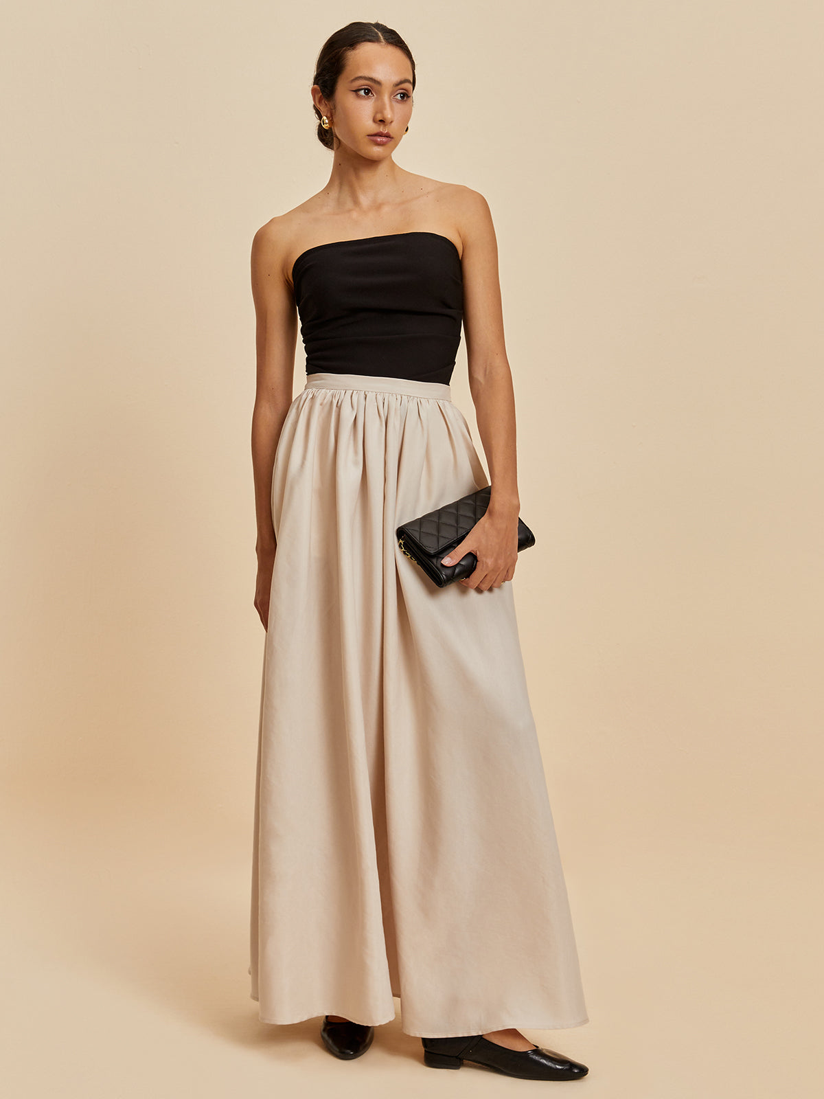 Ivyshape | Women's Chic Layered Maxi Skirt Beige