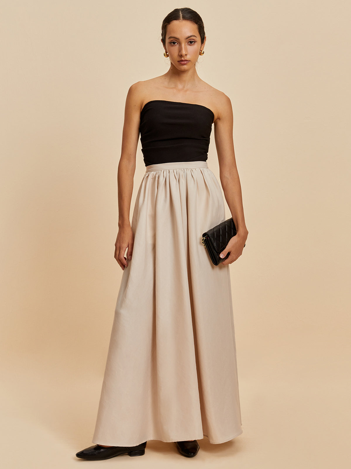 Ivyshape | Women's Chic Layered Maxi Skirt Beige