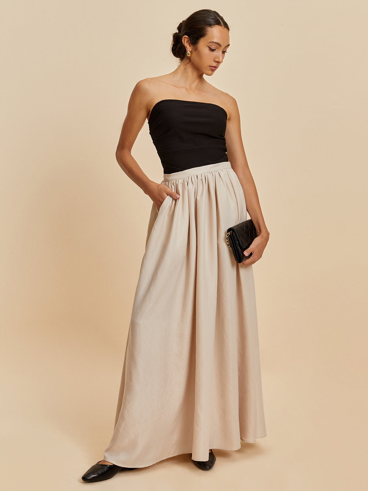 Ivyshape | Women's Chic Layered Maxi Skirt Beige