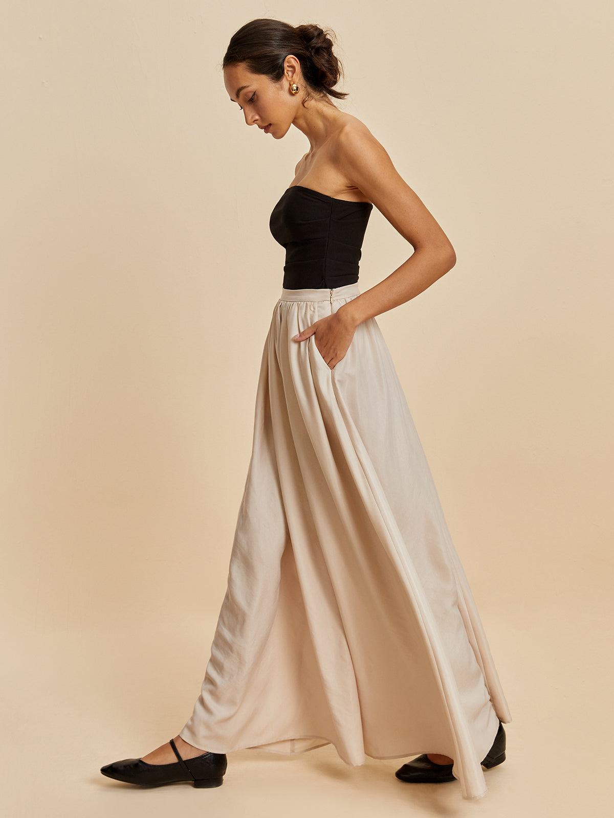 Ivyshape | Women's Chic Layered Maxi Skirt Beige