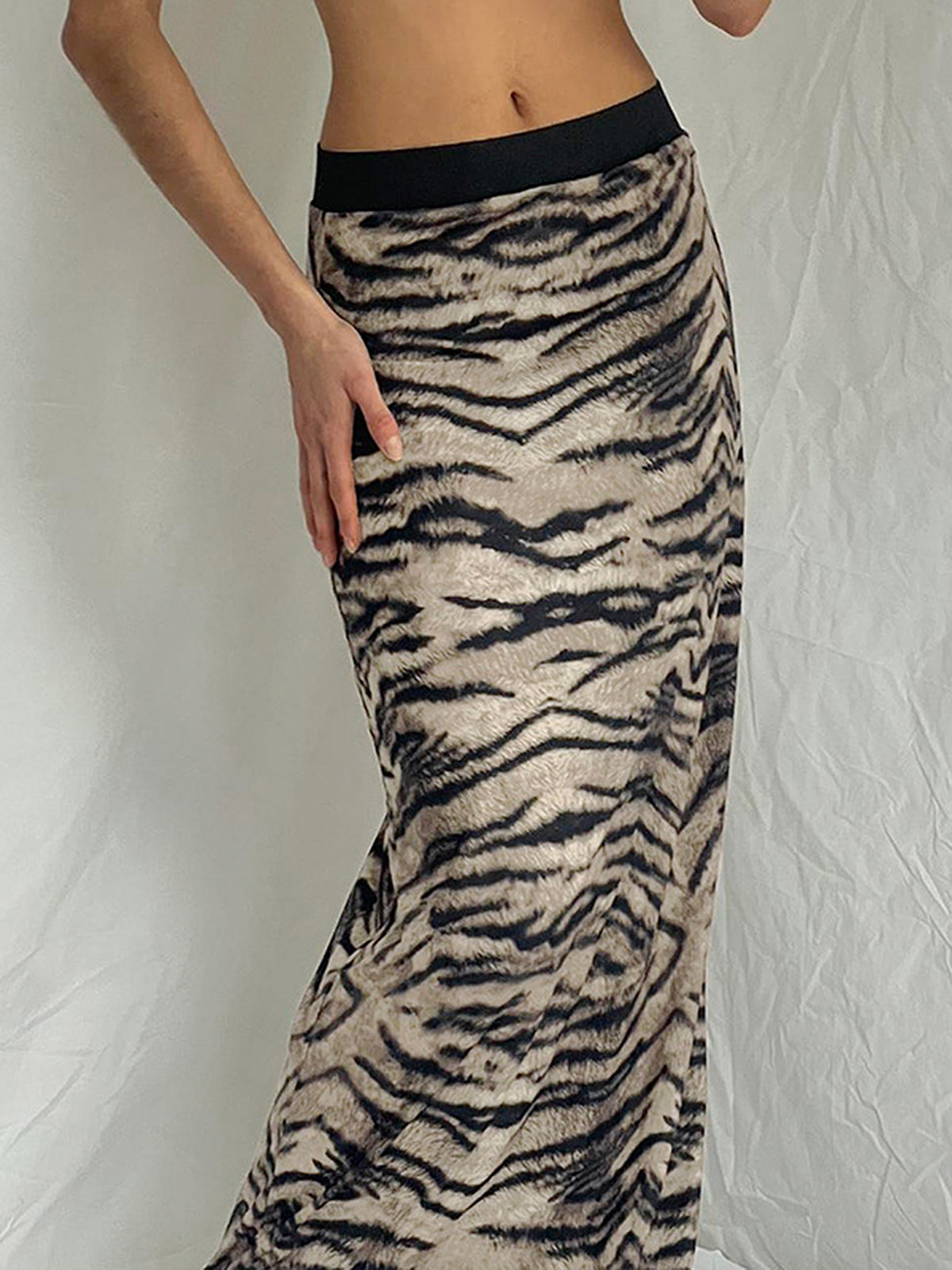 Ivyshape | Women's Elegant Tiger Print Maxi Skirt Brown