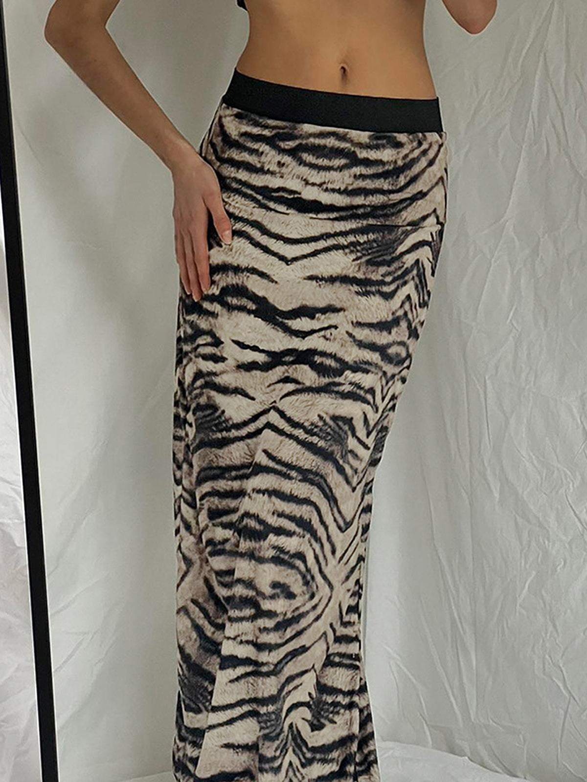 Ivyshape | Women's Elegant Tiger Print Maxi Skirt Brown