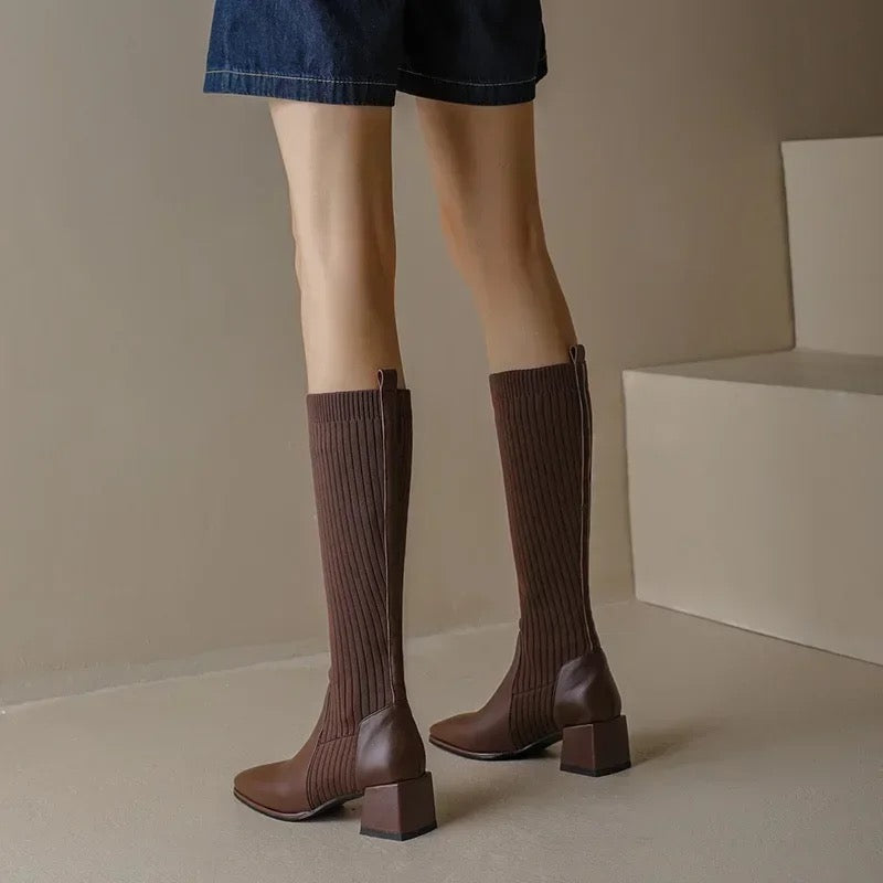 Ivyshape | Knee High Trendy Sock Leather Boots