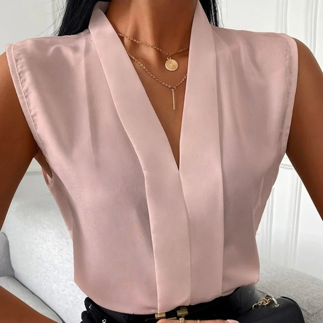 Ivyshape | Straight Fit V-Neck Sleeveless Blouse for Women