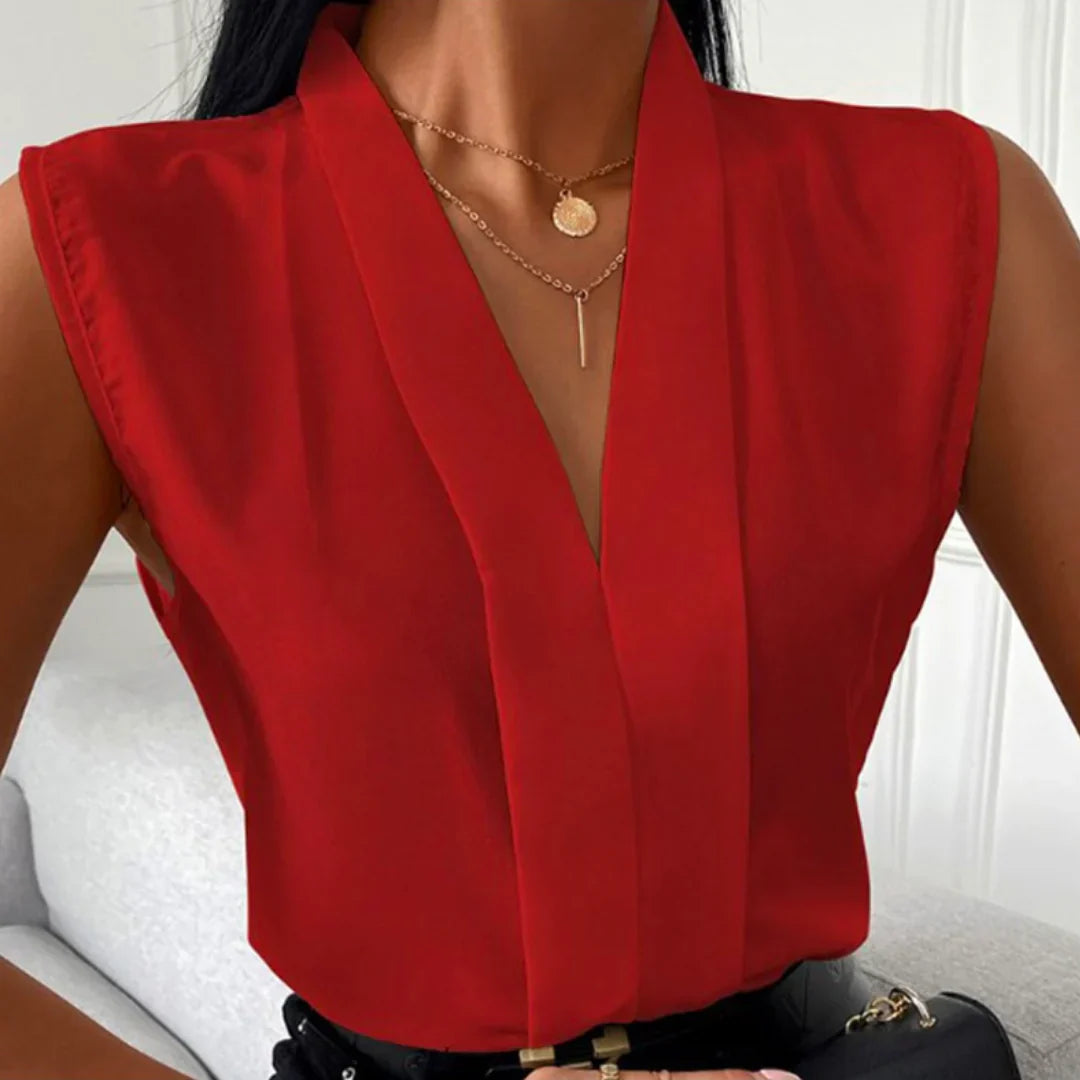 Ivyshape | Straight Fit V-Neck Sleeveless Blouse for Women